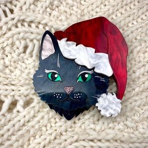 Black Cat with Santa Hat Christmas Brooch